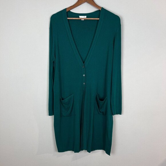 J. Jill Duster Cardigan Sweater Womens Petite Large Green V-Neck 3 Button Ribbed - Picture 1 of 13